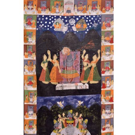 Pichwai Painting Of Lord Krishna With Gopika peepal Trees Cows and Peacock On Fabric