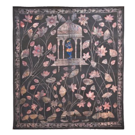 Pichwai Krishna Painting In Floral Background On Black Cloth