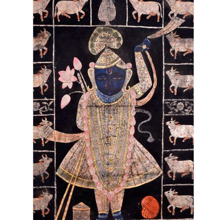 Srinathji Pichwai painting With Cows On Black Fabric
