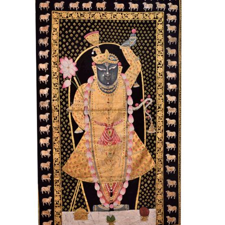 Srinathji Painting On Black Cloth With Cows in Border