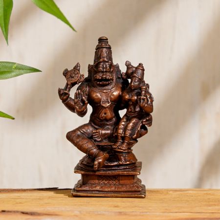 Handmade Brown Brass Lord Narasimha with Goddess Lakshmi Statue