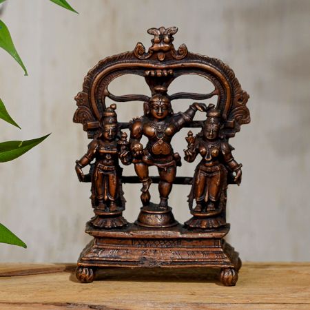 Copper Statue Of Lord Krishna With His Two Wives, Rukmani And Satyabhama