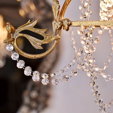 Vintage Italian Style Brass Enameled Chandelier with Clear Garland Strands - 1.5 cm Drops