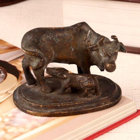 Indian Brass Cow & Calf Statue in Dark Finish