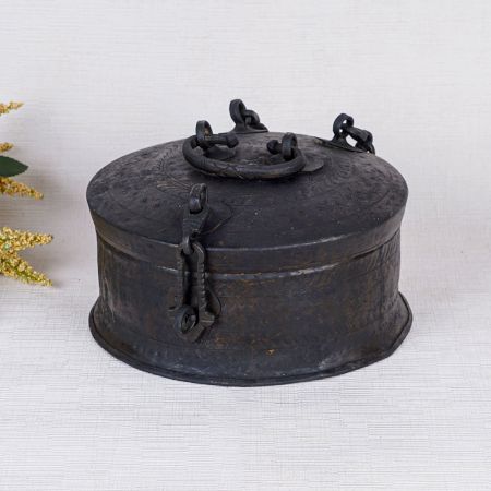Indian Round Brass Jewelry Box in Antique Finish