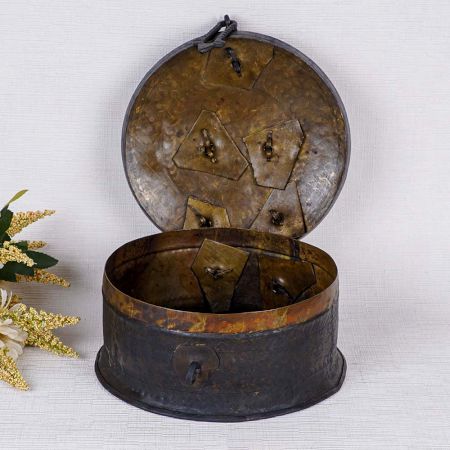 Indian Round Brass Jewelry Box in Antique Finish