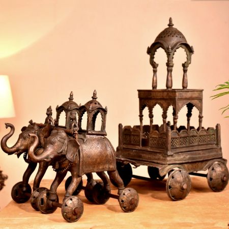 Handmade Elephant Chariot Made of Brass for Decor