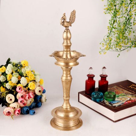 Shiny Brass Oil Lamp Carved with Peacock