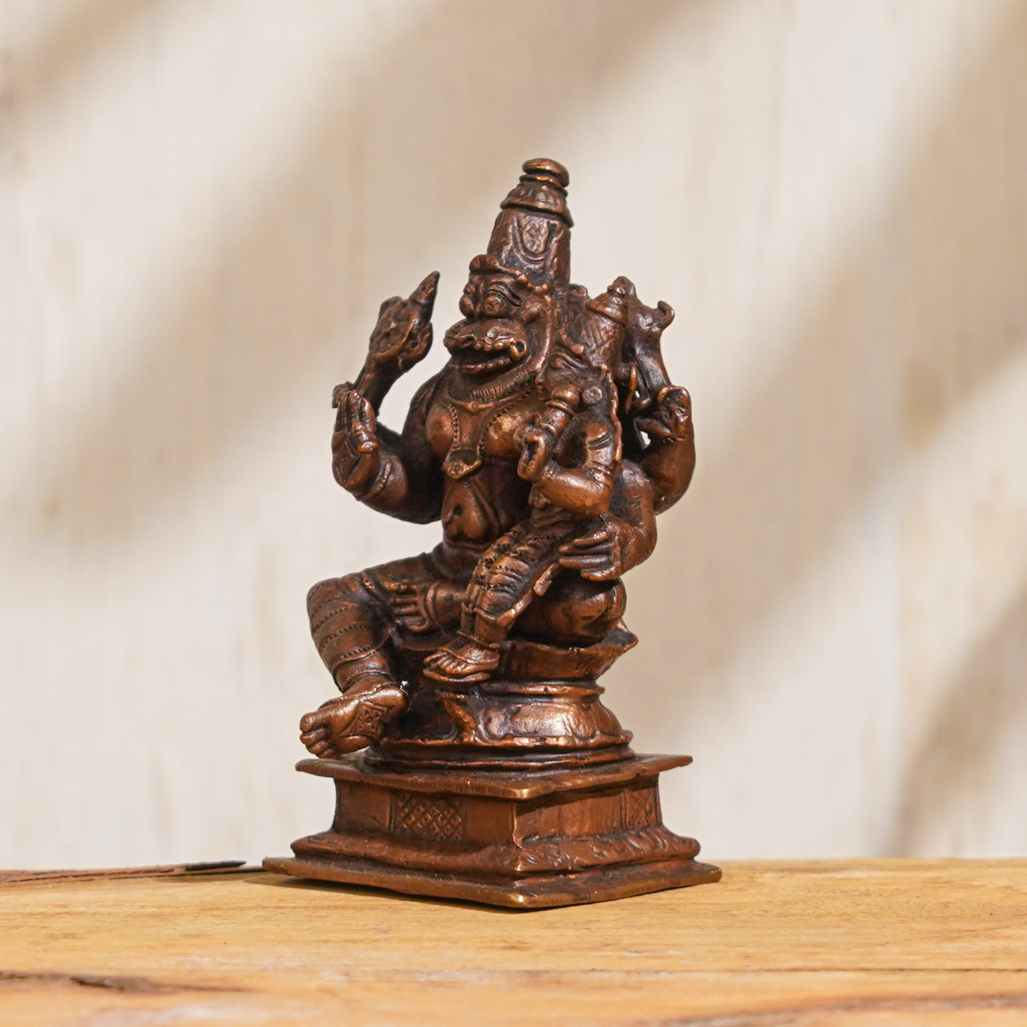 Handmade Brown Brass Lord Narasimha with Goddess Lakshmi Statue