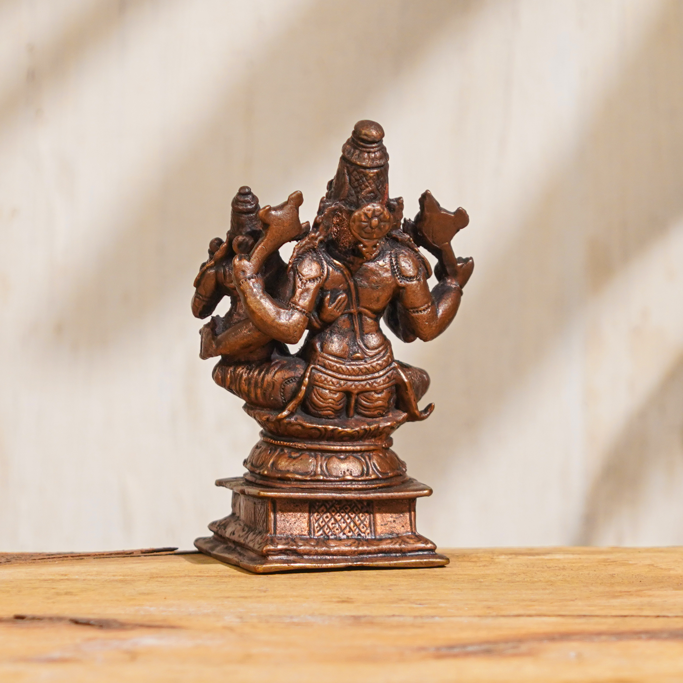 Handmade Brown Brass Lord Narasimha with Goddess Lakshmi Statue