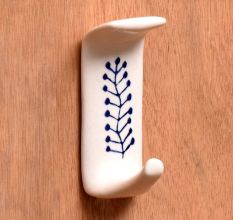 White Ceramic Blue Floral Adhesive Wall Hook