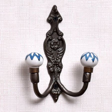Turquoise Floral Ceramic Iron Towel Hooks
