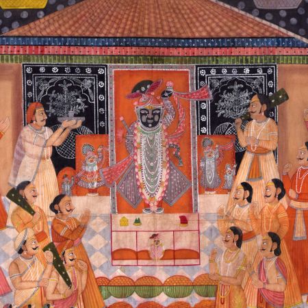Sreenathji Pichwai Design Painting Of Aarti With Followers