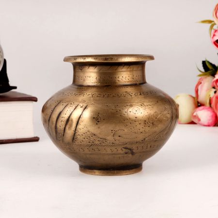 Indian Brass Water Pot Carved with Patterns