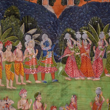 Beautiful Pichwai Painting of Krishna Teasing Gopis for Decoration