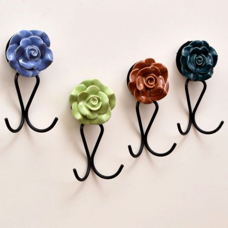 Ceramic Multicolor Flower Wall Hook for Keys in Set of 4