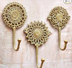 Brass Floral Pattern Pack of 3 Key Hooks for Wall
