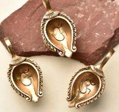 Brass Om Carved Temple Diwali Diya Lamp Pack of 3 Diyas