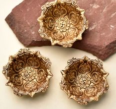 Hindu Brass Oil Lamp Diya Engraved Floral Swastika Diwali Diya Decoration Pack of 3
