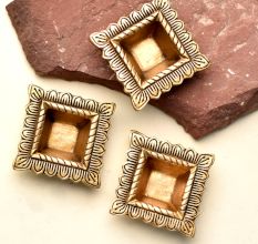 Brass Engraved Square Oil Lamp Diya Pack of 3