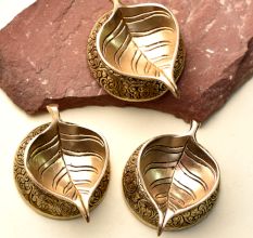 Brass Pepal Leaf Diwali Diya On Decorative Base Pack of 3