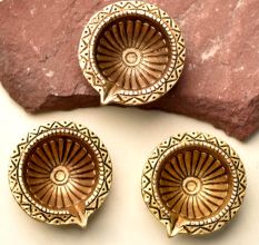 Tribal Design Round Brass Diwali Diya Pack of 3
