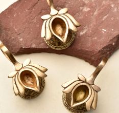 Brass Lotus Shape Diwali Diya With Handle Pack of 3