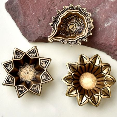 Classical Golden Brass Flower Shape Diwali Diya For Mandir Decoration Pack of 3
