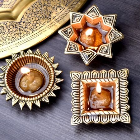 Classical Golden Brass Diwali Diya For Mandir Decoration Pack of 3