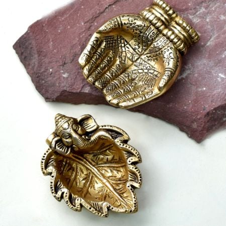 Golden Sankh and Hands Brass Oil Lamp Diwali Diya Gifts Worship Decoration Pack of 2