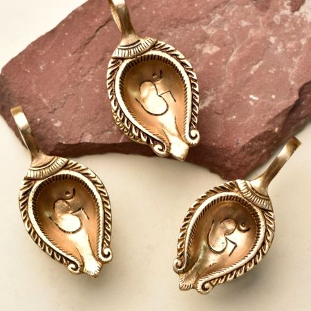 Brass Om Carved Temple Diwali Diya Lamp Pack of 3 Diyas