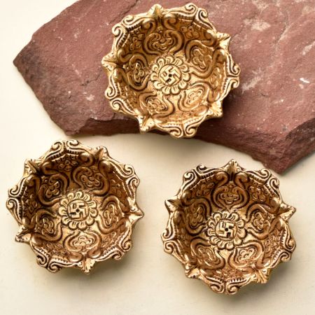 Hindu Brass Oil Lamp Diya Engraved Floral Swastika Diwali Diya Decoration Pack of 3