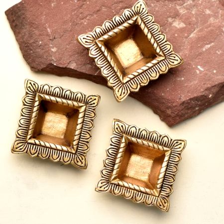 Brass Engraved Square Oil Lamp Diya Pack of 3