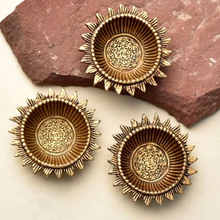 Brass Diwali Diya Lamps Round Sun Flower Shaped Deepak Pack of 3