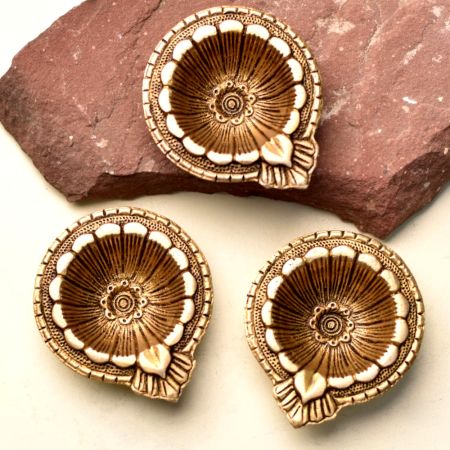 Brass Flower Engraved Diwali Diya Pack of 3 Diyas