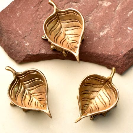Handmade Brass Leaf Shaped Diwali Diya Pack of 3