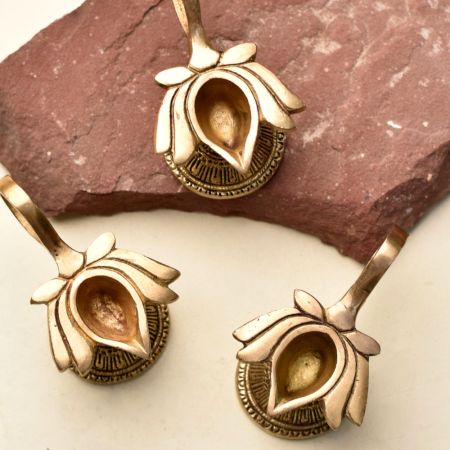 Brass Lotus Shape Diwali Diya With Handle Pack of 3