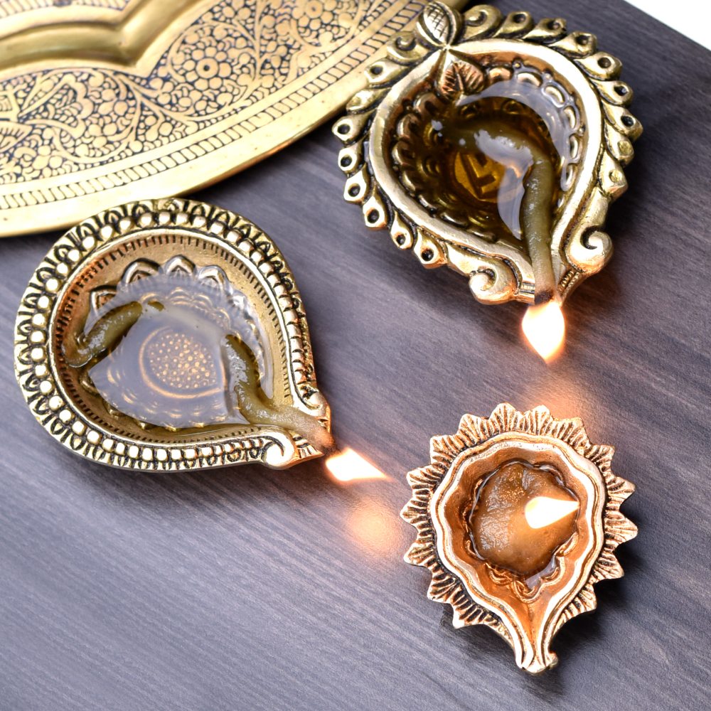 Golden Brass Oil Lamps for Diwali Decoration Diyas Pack of 3