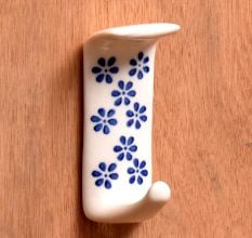 White Ceramic Blue Floral Adhesive Wall Hook
