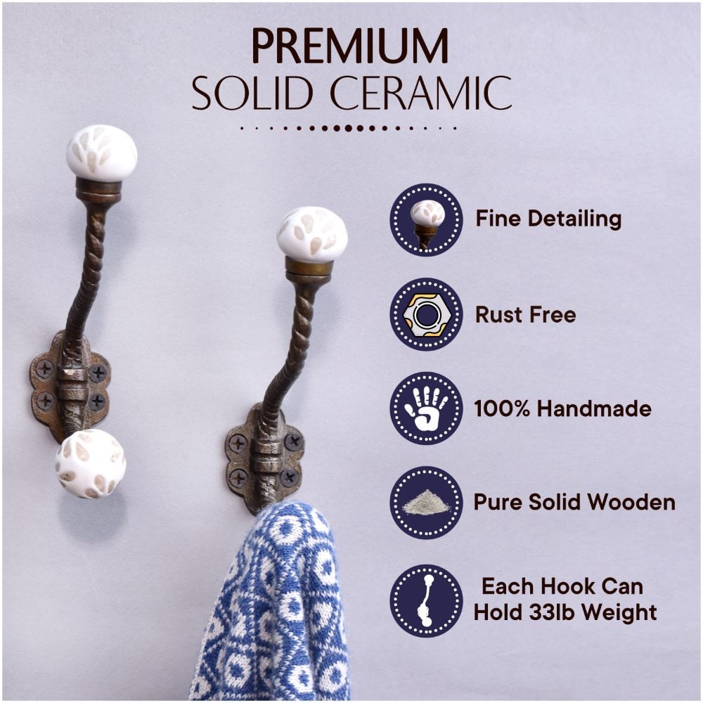 White Etched Ceramic Floral Iron Hooks-EHG-93