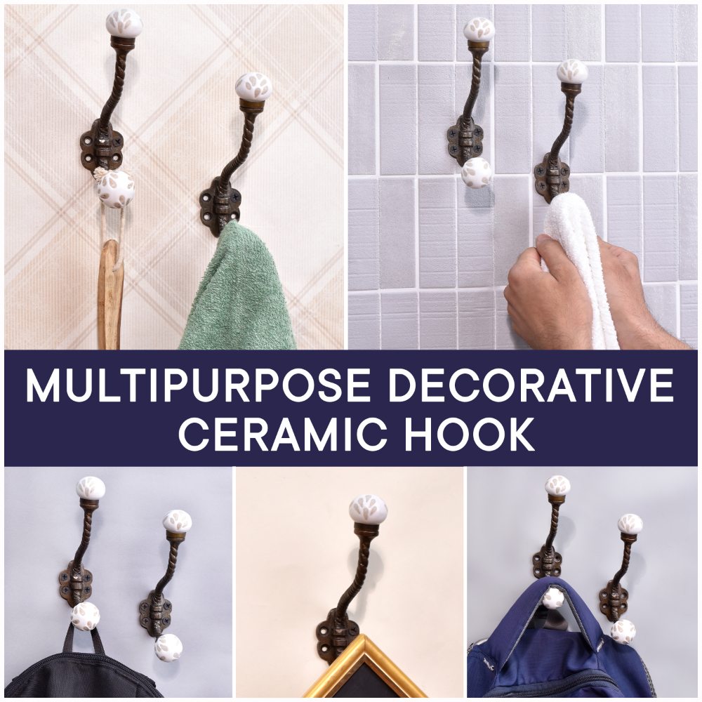 White Etched Ceramic Floral Iron Hooks-EHG-93
