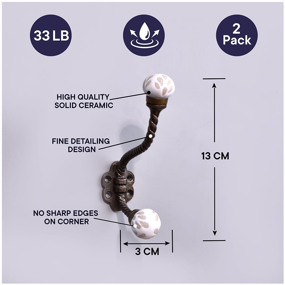 White Etched Ceramic Floral Iron Hooks-EHG-93