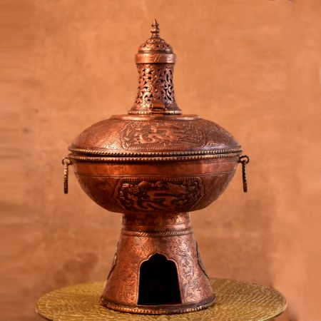 Carved Brass Chinese Candy Serving Bowl In Copper Finish