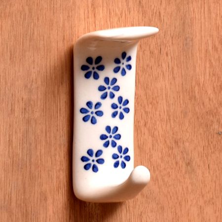 White Ceramic Blue Floral Adhesive Wall Hook