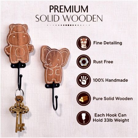 Brown Wooden Bear Elephant Hippo Wall Hooks For Kids - Pack of 3