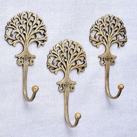 Indian Shelf 3 Wall Hooks- Gold Wall Hooks- Decorative Hooks- Boho Brass Wall Hooks- Shabby Chic- Key Hooks Holder- Coat Rack Wall Mount- Gold Wall Hooks- Vintage Wall Hooks- Coat Hooks- Gold Hooks
