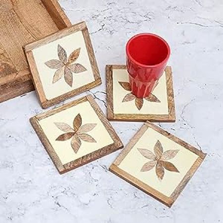 Indian-Shelf Tea Coasters Set of 4 Wooden Wooden Decor Items Cup Coaster Tea Cup Coaster Table Coasters for Dining Table Coaster for Painting Decor for Dining Table Gifts from India Bar Box
