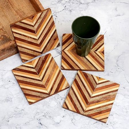 Indian-Shelf Coasters for Cups Set of 4 Wooden Coasters Cup Coasters Tea Cup Coaster Table Coasters for Dining Table Indian Coasters Tea Accessories Indian Gifts Alcohol Accessories