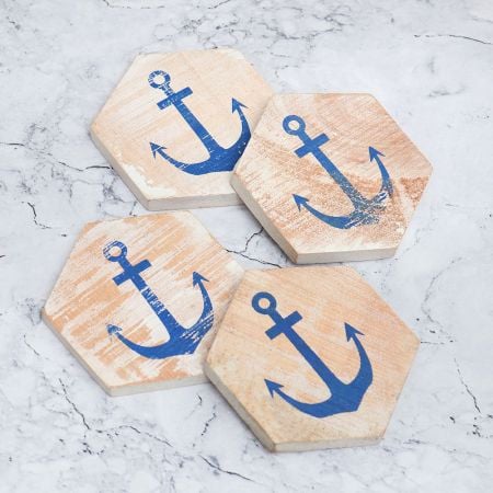 Handmade Wooden Coasters Engraved with Anchor - Pack of 4
