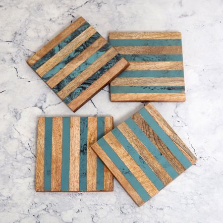 Brown and Blue Pattern Wooden Coasters - Pack of 4